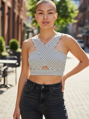 WYLDR Black & White Striped Crisscross Crop Top